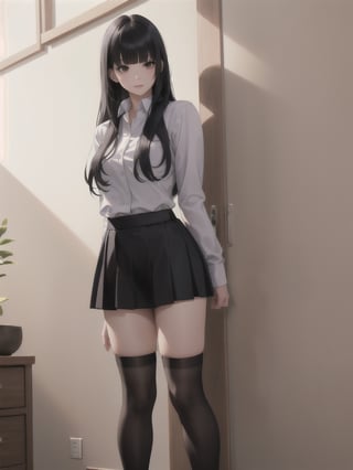 1girl, solo, long hair, bangs, skirt, shirt, black hair, thighhighs, long sleeves, standing, socks, indoors, blunt bangs, black skirt, kneehighs, feet out of frame, arm behind back, realistic, over-kneehighs