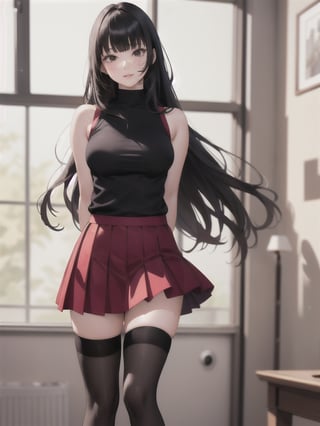 1girl, solo, long hair, bangs, skirt, black hair, thighhighs, standing, sleeveless, black thighhighs, indoors, blunt bangs, red skirt, arms behind back, realistic, over-kneehighs