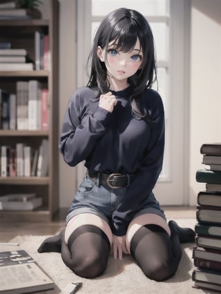 1girl, solo, long hair, looking at viewer, bangs, blue eyes, shirt, black hair, thighhighs, long sleeves, sitting, full body, shorts, striped, belt, black thighhighs, indoors, sweater, lips, book, wariza, blue shirt, realistic, book stack