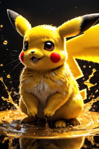 Pikachu, Hyperdetailed Eyes, Tee-Shirt Design, Line Art, Black Background, Ultra Detailed Artistic, Detailed Gorgeous Face, Natural Skin, Water Splash, Colour Splash Art, Fire and Ice, Splatter, Black Ink, Liquid Melting, Dreamy, Glowing, Glamour, Glimmer, Shadows, Oil On Canvas, Brush Strokes, Smooth, Ultra High Definition, 8k, Unreal Engine 5, Ultra Sharp Focus, Intricate Artwork Masterpiece, Ominous, Golden Ratio, Highly Detailed, Vibrant, Production Cinematic Character Render, Ultra High Quality Model