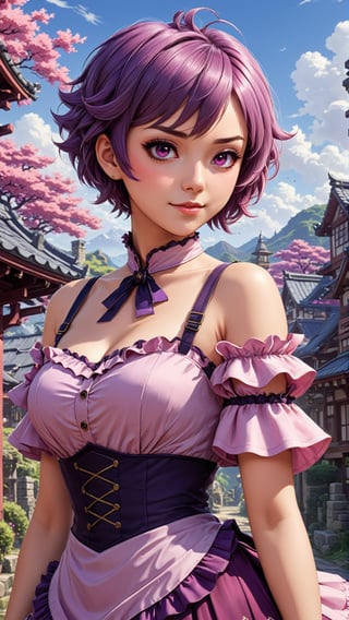 Very detailed illustration of an adult woman with ((short purple hair)), victorian ruffled dress in pink, smirk, ((red eyes)), dangerous looking, zoomed,  japanese village environment, tetradic colors, cartoon, xenoblade chronicles merged with genshin impact, MSchiffer, fantasy, cartoonish vector, anime, manga, tetradic colors, (cel-shaded) flat coloring, night