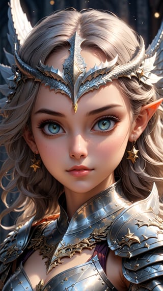 (masterpiece), perfect anatomy, intricate, (highly detailed), masterpiece, photorealistic, perfect anatomy, cinematic lighting, shading, super detailed skin, beautiful detailed eyes, best quality, ultra-detailed, (illustration), ultra-detailed, looking at viewer, (extremely delicate eyes:1.3), medieval armour, dragon girl, dragon wings, (silver shiny armour), (stars), (dragon girl), (extremely detailed medieval shiny armour), night sky background, fantasy theme, dynamic pose, vibrant colour, shadow, contrast, refraction, perspective, depth, good anatomy, stunning details