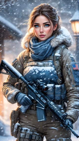 (photorealistic), beautiful lighting, best quality, realistic, full body portrait, real picture, intricate details, depth of field, 1girl, in a cold snowstorm, A very muscular solider girl with haircut, wearing winter camo military fatigues, camo plate carrier rig, combat gloves, (magazin pouches), (kneepads), highly-detailed, perfect face, blue eyes, lips, wide hips, small waist, tall, make up, tacticool, Fujifilm XT3, outdoors, bright day, Beautiful lighting, RAW photo, 8k uhd, film grain, ((bokeh))