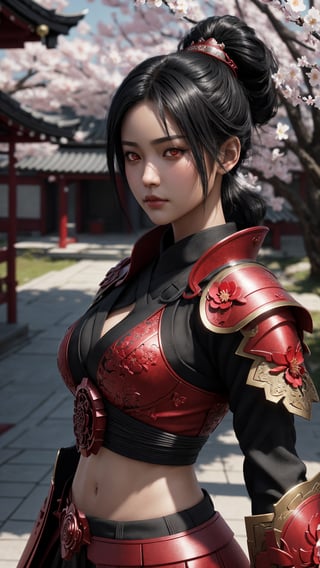 a beautiful short black hair woman, dressed in red samurai armor, red scarlet eyes, with sakura flower in the background, soft lighting, finely detailed features, intricate brush strokes, beautiful lighting,  Cinematic, Color Grading, Depth of Field, intricate details, Unreal Engine, Character Concept Art, creative, expressive, stylized anatomy, digital art, 3D rendering, unique, award-winning, Adobe Photoshop, 3D Studio Max, well-developed concept, distinct personality, consistent style, HW*