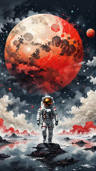 A detailed illustration muted chinese ink painting, muted colors, rice paper texture, splash paint, halo astronaut, one red sun. Venus. Space. Clouds wet to wet techniques. cvibrant vector. using Cinema 4D