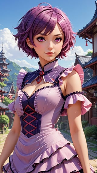 Very detailed illustration of an adult woman with ((short purple hair)), victorian ruffled dress in pink, smirk, ((red eyes)), dangerous looking, zoomed,  japanese village environment, tetradic colors, cartoon, xenoblade chronicles merged with genshin impact, MSchiffer, fantasy, cartoonish vector, anime, manga, tetradic colors, (cel-shaded) flat coloring, night