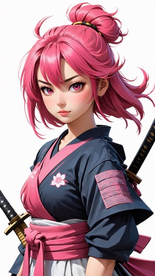 artwork for t-shirt. A (((girl samurai))), in anime-style design with a simplistic (((white backdrop))), featuring predominantly the vibrant hue of pink as the dominant color