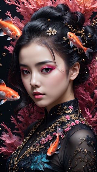 photo RAW, (Black, neon pink and magenta : Portrait of 2 ghostly long tailed black koi, woman, shiny aura, highly detailed, black pearls, gold and coral filigree, intricate motifs, organic tracery, Kiernan Shipka, Januz Miralles, Hikari Shimoda, glowing stardust by W. Zelmer, perfect composition, smooth, sharp focus, sparkling particles, lively coral reef colored background Realistic, realism, hd, 35mm photograph, 8k), masterpiece, award winning photography, natural light, perfect composition, high detail, hyper realistic