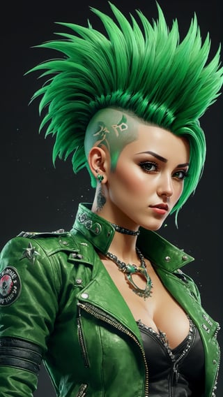 Generate an AI image of a female punk rock character sporting a vibrant green mohawk hairstyle. The character should be dressed in punk rock attire, featuring edgy clothing, accessories, and a rebellious attitude. Capture the essence of punk rock culture and individuality in the character's appearance. Opt for a high-resolution rendering, such as 4K, 8K, or 64K, to highlight the intricate details of the character's outfit, hairstyle, and facial expression