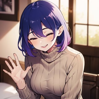 Vermeil, low-cut, purple hair, beige skin, hand wave, smiling, closed eyes, black sleveeless sweater, close up