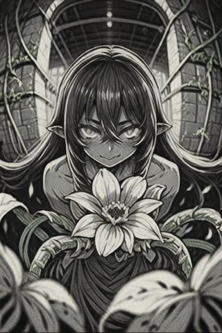 1girl, dark skin, alraune, alraune \(monster girl encyclopedia\), nectar,flower,   vines,  full body, Original Character, Volumetric Lighting, Best Shadows, Shallow Depth of Field, Stunningly Beautiful Girl, Delicate Beautiful Attractive Face