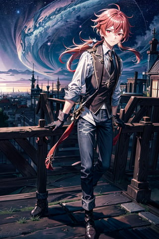 masterpiece, best quality,diluc (genshin impact), 1boy,no_humans,fate/stay background, (full shot:1.5), tall_male, pale skin, red eyes, long hair, bright red hair, hair goes down to the middle of the back, disdain face, white office shirt, long_sleeves, rolled-up_sleeves, black_vest, red_detailed_vest, regular jeans, black_jeans, detailed_jeans, wrist_length_gloves, black_gloves, dark_brown_boots, alley, nighttime, stars, stars in sky, background_sky, cloudy_skyd, clouds, shops, masterpiece, best quality, realistic, high_resolution, high quality, looking_at_viewer, support the back against the wall, face the camera, ,scenery, perfect face, 