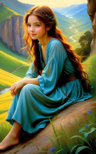 a series of hills , romantic impressionism, dream scenery art, beautiful oil matte painting, pretty girl sitting in the foreground, shy smile, looking at viewer, romantic, beautiful digital painting, anime landscape, romantic painting, dreamlike digital painting, colorful painting, thick brushstrokes characteristic, rough stroke, beautiful gorgeous digital art, style Karol Bok, Brian Froud, Wendy Froud, Guy Davis, Sergio Sandoval
