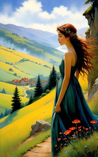 a series of hills , romantic impressionism, dream scenery art, beautiful oil matte painting, pretty girl in foreground, looking at viewer, romantic, beautiful digital painting, anime landscape, romantic painting, dreamlike digital painting, colorful painting, thick brushstrokes characteristic, rough stroke, beautiful gorgeous digital art, style Karol Bok, Brian Froud, Wendy Froud, Guy Davis, Sergio Sandoval
