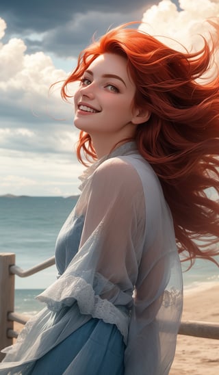 In the given scene, there is a young woman with vibrant flowing red hair, She's wearing cute flowing clothes that contrast nicely with the backdrop, The location appears to be outdoors, where it's super windy, adding a sense of motion and energy to the photo, Despite the threatening appearance of the stormy country background, she seems unbothered and smiling, Her eyes are locked onto something in the distance above, looking up, possibly hinting at an upcoming event or encounter, She has an auric hue around her, giving her an ethereal, otherworldly quality, Overall, this is a sensual and captivating image,  2.5d, realistic, , (&:0),midjourney,1 girl