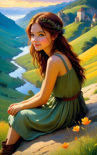 a series of hills , romantic impressionism, dream scenery art, beautiful oil matte painting, pretty girl sitting in the foreground, shy smile, looking at viewer, romantic, beautiful digital painting, anime landscape, romantic painting, dreamlike digital painting, colorful painting, thick brushstrokes characteristic, rough stroke, beautiful gorgeous digital art, style Karol Bok, Brian Froud, Wendy Froud, Guy Davis, Sergio Sandoval
