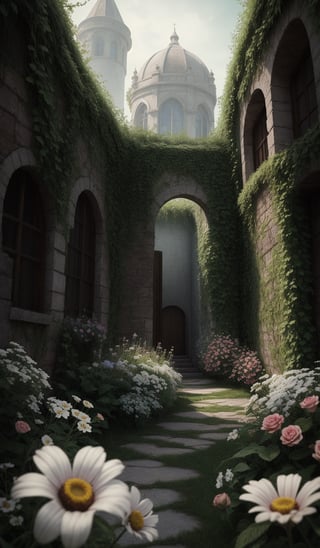 Through the summer of your years Enchanted, a secret garden overgrown walled expanse. beautiful. masterpiece. background. flowers, Dark,mysterious,haunting,dramatic,ornate,detailed,Mixed media,guache wash Ink,ethereal background,Highly detailed,intricate,beautiful,high definition,fantastic view. 3d,volumetric lighting,extremely detailed,award winning,(perfect details:1.1)RAW photo,subject,8k uhd,dslr,soft lighting,high quality,film grain,Fujifilm XT3,FastNegativeV2,realism