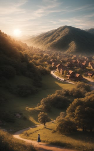 A captivating morning scene illustration the small village, This enchanting artwork captures a serene and peaceful early morning, where the sun is just starting to rise over the beautiful hills and, creating a cinematic experience illustration, cinematic,style,midjourney