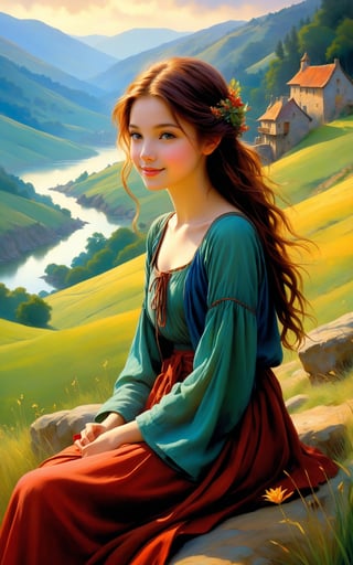 a series of hills , romantic impressionism, dream scenery art, beautiful oil matte painting, pretty girl sitting in the foreground, shy smile, looking at viewer, romantic, beautiful digital painting, anime landscape, romantic painting, dreamlike digital painting, colorful painting, thick brushstrokes characteristic, rough stroke, beautiful gorgeous digital art, style Karol Bok, Brian Froud, Wendy Froud, Guy Davis, Sergio Sandoval
