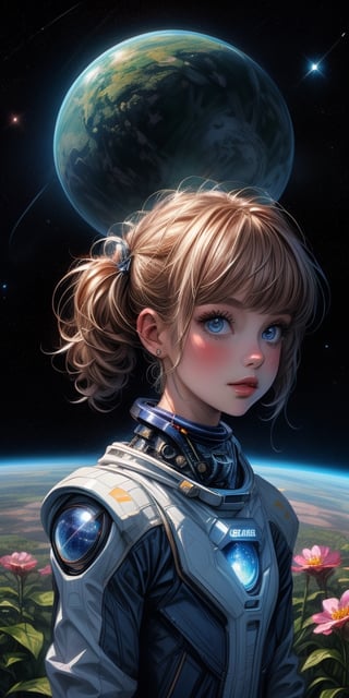 "A detailed painting of a little alien girl dressed as a space ranger, long twin tails, exploring an extraterrestrial landscape adorned with vibrant, otherworldly flowers. Science fiction wonderland, imaginative, space adventure." (((upper body portrait))),midjourney,