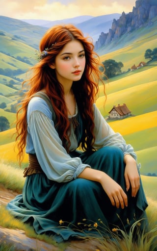 a series of hills , romantic impressionism, dream scenery art, beautiful oil matte painting, pretty girl sitting in the foreground, looking at viewer, romantic, beautiful digital painting, anime landscape, romantic painting, dreamlike digital painting, colorful painting, thick brushstrokes characteristic, rough stroke, beautiful gorgeous digital art, style Karol Bok, Brian Froud, Wendy Froud, Guy Davis, Sergio Sandoval
