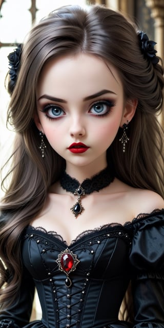 ((cowboy shot)), Beautiful girl, Long hair, Impressive hairstyle, Gothic gown, Pretty cute face, Flawless face, Jewelry earrings, Antique jewelry, Detailed eyes, 

Beautiful eyes, Meticulous makeup, Thin eyebrows, Beautiful red lips, small breasts, Thin, sitting, midjourney,more detail XL,goth person, 