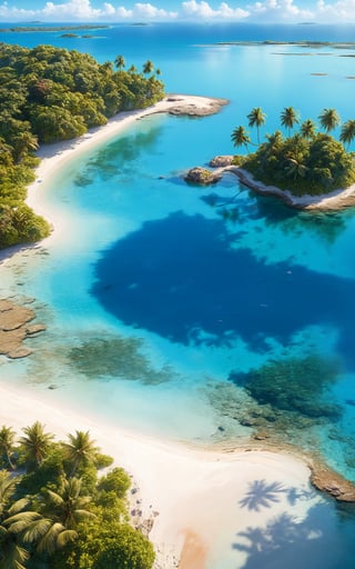 detailed landscape, small island, from above, bay, paradisiacal, sunny, blue sky, clouds, flat, beach, palm, bottomless water hole,long shot, from very high, masterpiece, best quality, very aesthetic, absurdres,concept art