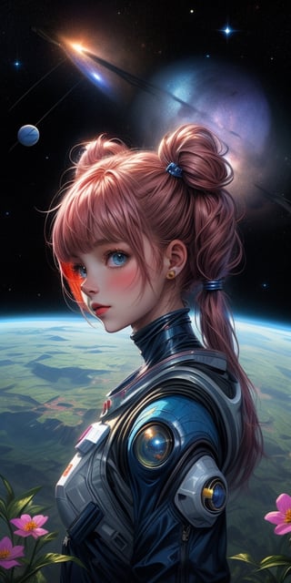 "A detailed painting of a little alien girl dressed as a space ranger, long twin tails, exploring an extraterrestrial landscape adorned with vibrant, otherworldly flowers. Science fiction wonderland, imaginative, space adventure." (((upper body portrait))),midjourney,