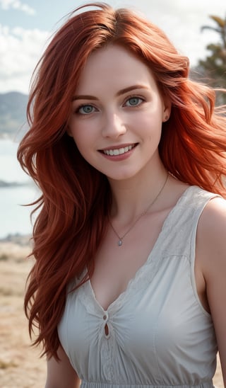 In the given scene, there is a young woman with vibrant flowing red hair, She's wearing cute flowing clothes that contrast nicely with the backdrop, The location appears to be outdoors, where it's super windy, adding a sense of motion and energy to the photo, Despite the threatening appearance of the stormy country background, she seems unbothered and smiling, Her eyes are locked onto something in the distance above, looking up, possibly hinting at an upcoming event or encounter, She has an auric hue around her, giving her an ethereal, otherworldly quality, Overall, this is a sensual and captivating image,  2.5d, realistic, , (&:0),midjourney,1 girl,realism