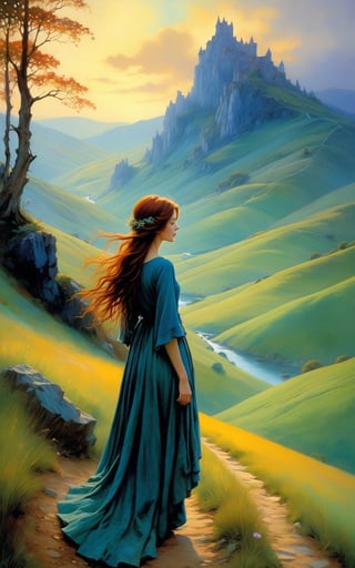 a series of hills , romantic impressionism, dream scenery art, beautiful oil matte painting, pretty girl in foreground, romantic, beautiful digital painting, anime landscape, romantic painting, dreamlike digital painting, colorful painting, thick brushstrokes characteristic, rough stroke, beautiful gorgeous digital art, style Karol Bok, Brian Froud, Wendy Froud, Guy Davis, Sergio Sandoval
