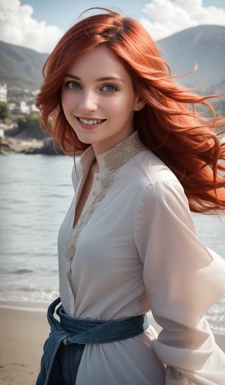 In the given scene, there is a young woman with vibrant flowing red hair, She's wearing cute flowing clothes that contrast nicely with the backdrop, The location appears to be outdoors, where it's super windy, adding a sense of motion and energy to the photo, Despite the threatening appearance of the stormy country background, she seems unbothered and smiling, Her eyes are locked onto something in the distance above, looking up, possibly hinting at an upcoming event or encounter, She has an auric hue around her, giving her an ethereal, otherworldly quality, Overall, this is a sensual and captivating image,  2.5d, realistic, , (&:0),midjourney,1 girl,realism