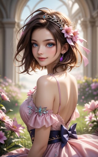 symmetrical, high quality, highres, absurdres, ((masterpiece, best quality)), (((masterpiece, best_quality, highest quality))), light blue eyes, (perfect detail, perfect skin:1.2),extremely detailed 8K wallpaper, solo, beautiful woman, beautiful brown hair, short hair, happy, wearing a pink silk dress, (sitting in lavender field), spring, flowers, soft lighting, full body, hyper realistic dynamic 35mm photo, depth of field, motion blur , Expressiveh,concept art, score_6
