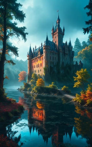 colorful scene of a castle in the forest beside a river in the evening. It's very gloomy and mysterious. The castle is shown in the foreground with the river in the background,concept art