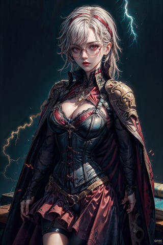 ((best quality, masterpiece))
(red hood, cape, corset, dress, red skirt), 
strong shadows,adult (elven:0.7) 
woman, detailed face,ruby eyes, copper beach waves hair, white hair,
1girl with magic book flying, wearing mechanic uniform, glasses, mechanic parts, digital illustration, dramatic lighting, blue side lighting, digital painting, highly detailed, artstation, sharp focus, art by artgerm, greg rutkowski and alphonse mucha,LightningPunkAI