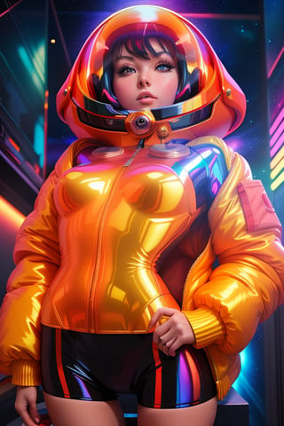 1 girl, fiery red jacket, tight suit,Space helm of the 1960s,and the anime series G Force of the 1980s,Darf Punk wlop glossy skin, ultrarealistic sweet girl, space helm 60s, holographic, holographic texture, the style of wlop, space, stands on a pedestal 