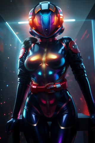 1 girl, fiery red jacket, tight suit,Space helm of the 1960s,and the anime series G Force of the 1980s,Darf Punk wlop glossy skin, ultrarealistic sweet girl, space helm 60s, holographic, holographic texture, the style of wlop, space, stands on a pedestal 