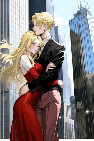 The girl has blond hair, she stands against the backdrop of a skyscraper, in a red dress, hugging her lover, his hair is blond, he is wearing a jacket with scarlet trousers