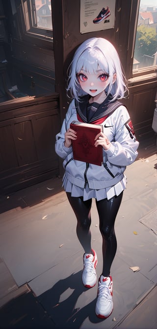 Drom above, School hall background, warm sunlight, Beauty school girl, long white hair, pale skin, glowing red eyes, medium breasts, black sailor_collar,  school_uniform, leggings, nike air max, sneakers boots, fangs, handling spell books, more detail, latex