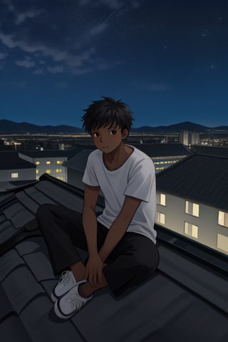 
black boy sitting on the roof of a building at night