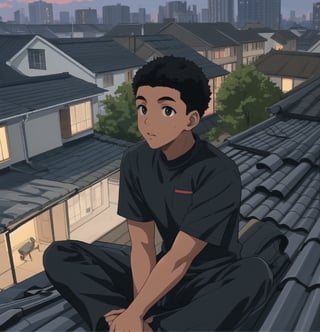 
black boy sitting on the roof of a building in the evening