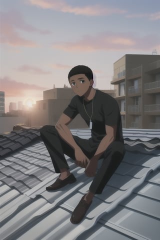 
black boy sitting on the roof of a building in the evening