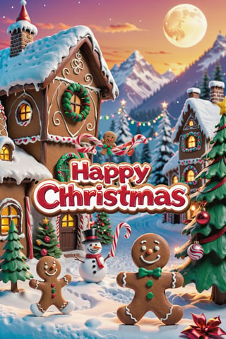 "Happy Christmas" text logo, gingerbread man, Village, Christmas, candy canes, children and animals playing in the background 