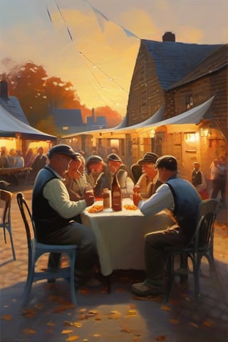 greg rutkowski (masterpiece, best quality), a village celebration, people sitting at table's drinking (beer, wine) lot's of bunting, golden hour, sunset, autumn 