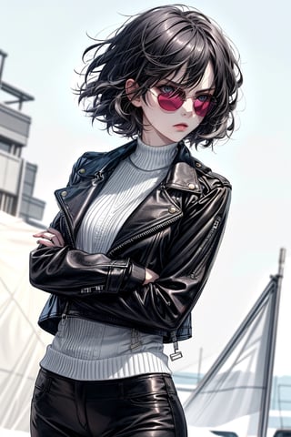 Color white as a woman half body with short hair and leather thigh clothes , light sunglasses , serious and iconic face

,Detailedface