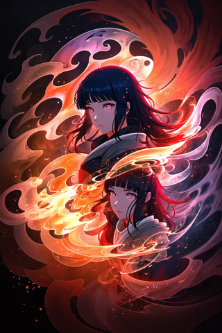 A surreal illustration of a girl with long black hair and flowing robes, surrounded by a swirling vortex of fire and water. The cinematic effect in 8k resolution creates a mesmerizing and hyperdetailed photo, with luminism enhancing the ethereal quality of the scene. The concept art features fractal isometrics details, showcasing a harmonious blend of the elements in a visually striking and unique composition.,yofukashi background,hinata