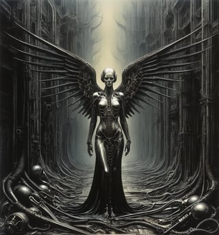 
((a haunting biomechanical angel)), ((beautiful face)) smooth pale skin, which often blends organic and mechanical elements into dark, dystopian landscapes. His work frequently features intricate, interwoven designs that combine human anatomy with machinery, creating a sense of eerie, otherworldly environments. A "Biomech landscape by H.R. Giger" would likely depict a surreal, nightmarish scene where the boundaries between the organic and the mechanical are blurred. You might see twisted, skeletal structures that resemble both bones and industrial components, with sinewy, flesh-like textures merging seamlessly with metallic surfaces. The landscape could be filled with towering, grotesque forms that evoke a sense of both awe and unease, with dark, shadowy tones dominating the color palette. Giger's work often explores themes of birth, death, and the fusion of human and machine, so a biomech landscape by him would likely evoke a sense of existential dread and fascination, drawing the viewer into a world that is both alien and disturbingly familiar, art by H.R. Giger, a Swiss surrealist artist
