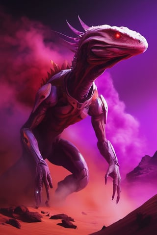 scifi style, mechatronic white lizard/alien humanoid, desert, red/purple alien-planet, smoke/fog/flame, horror/dark theme, vibrant deep colors