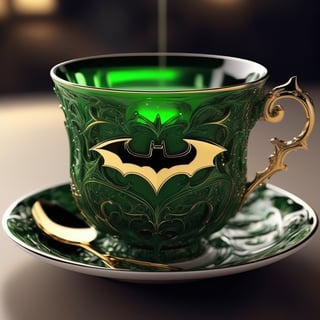 Green chrome beautiful detailed batman design on ultra detailed hot teacup with text on the teacup that saying " BoneAge ", total mind blowing background, witchcraft, ultra realistic Textures, volumetric steam, text saying BoneAge, rune symbols on the teacup, ultra realistic, ultra realistic detailed reflections, fluid Splash style, crystal, complex Details, 3d animated painting, beautiful abstract art style, signature, by BoneAge