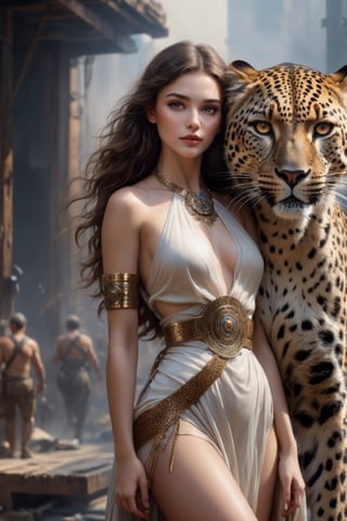 Stunning girl with brown hair and an american leopard, her arms are around the neck of the leopard, beautiful face, sharp eyes, highly detailed, sharp image, Intricate pose, clarity, Soft lighting, High image quality, Oil paint, ancient painting, ancient art, art by Lee Bogle, cinematic, 4k, epic Steven Spielberg movie still, sharp focus, emitting diodes, smoke, artillery, sparks, racks, system unit, motherboard, by pascal blanche rutkowski repin artstation hyperrealism painting concept art of detailed character design matte painting, 4k resolution blade runner, Mysterious