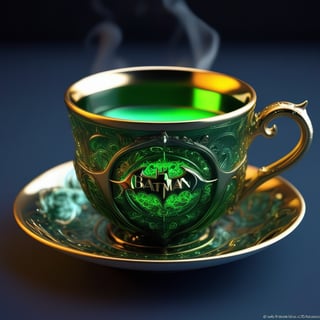 Green chrome beautiful detailed batman design on ultra detailed hot teacup with text on the teacup that saying " BoneAge ", total mind blowing background, witchcraft, ultra realistic Textures, volumetric steam, text saying BoneAge, rune symbols on the teacup, ultra realistic, ultra realistic detailed reflections, fluid Splash style, crystal, complex Details, 3d animated painting, beautiful abstract art style, signature, by BoneAge